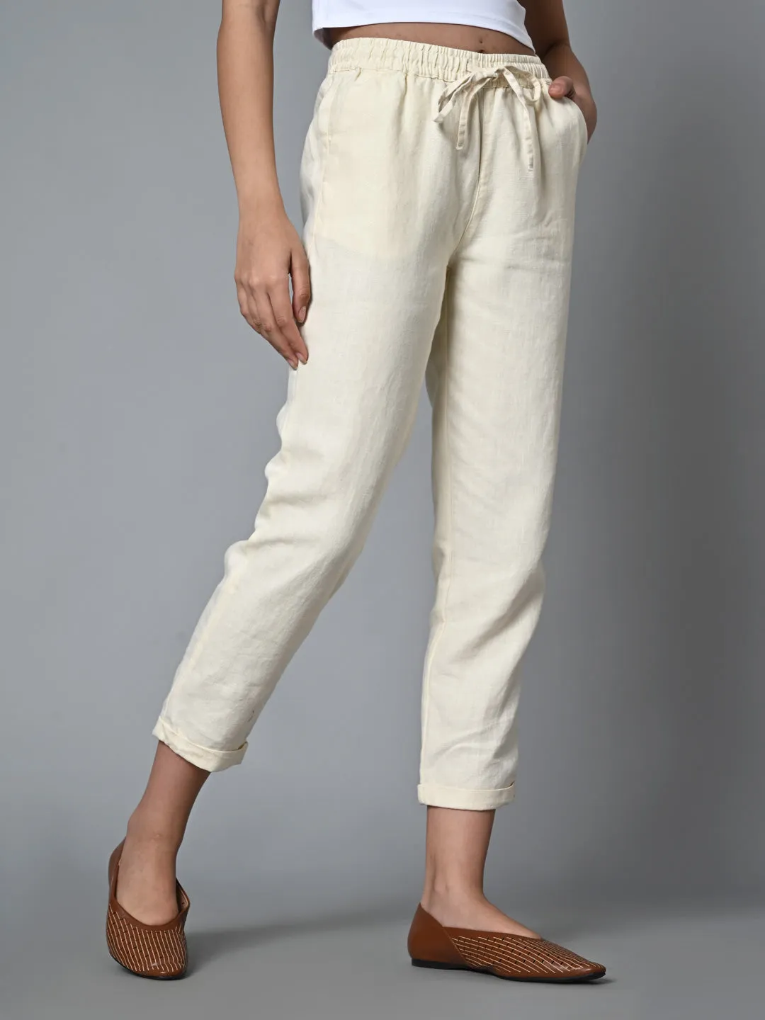 Women's Offwhite Linen Regular Fit Pant