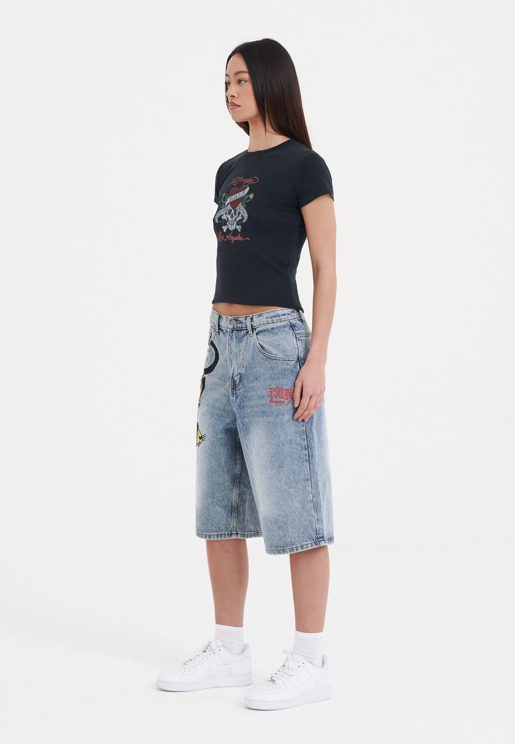 Womens Panther Crawl Relaxed Denim Jorts Shorts - Bleach