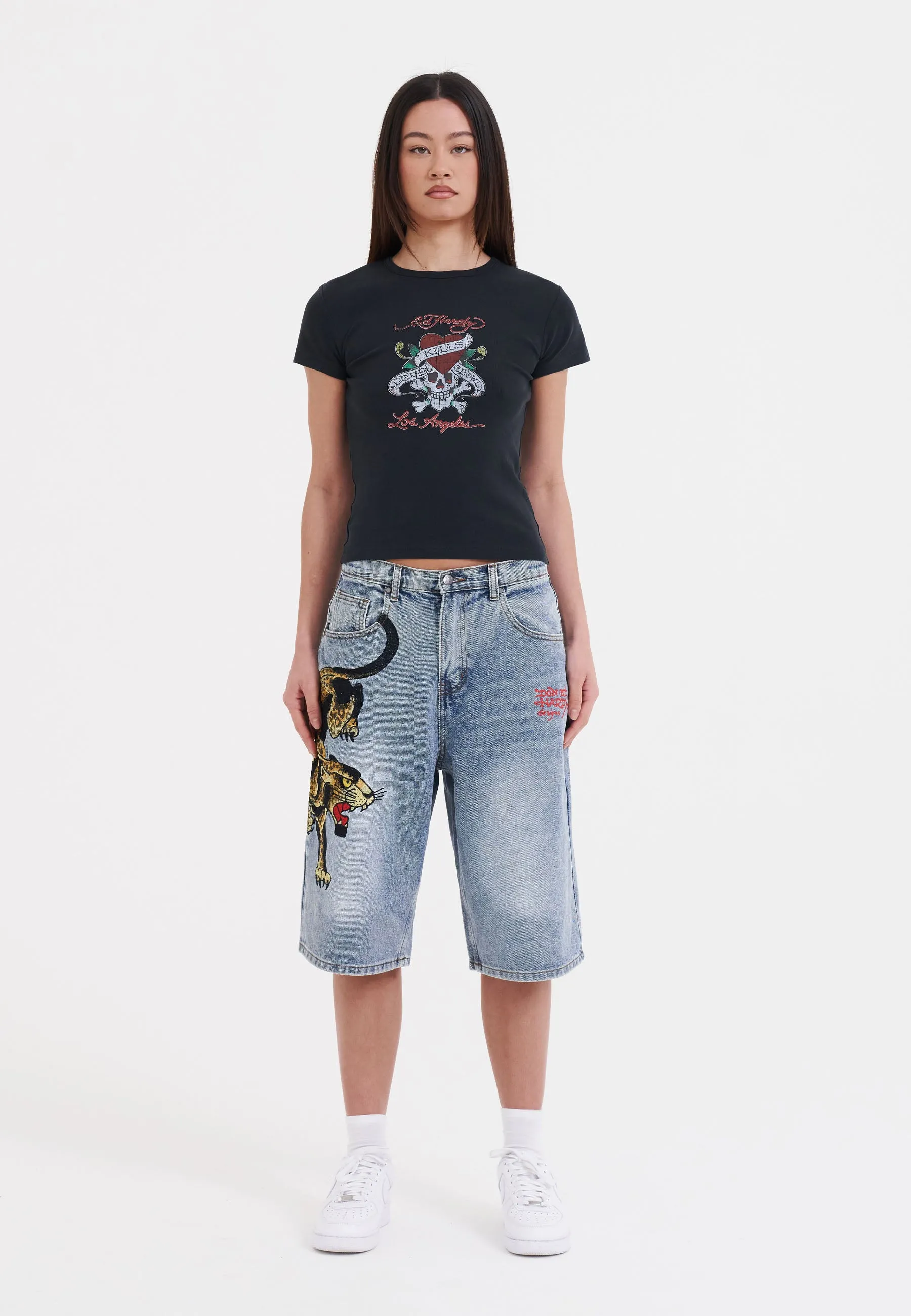 Womens Panther Crawl Relaxed Denim Jorts Shorts - Bleach