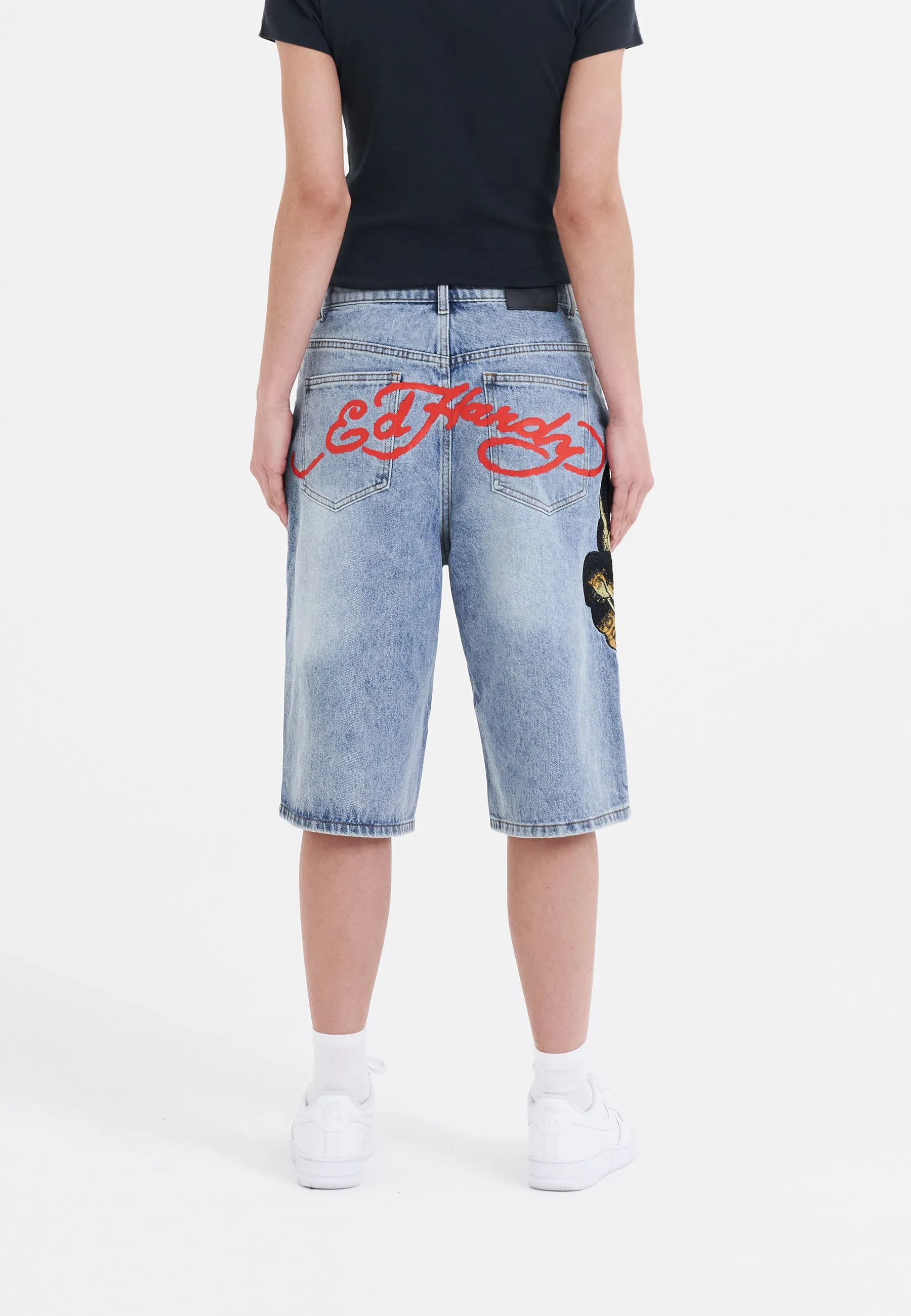 Womens Panther Crawl Relaxed Denim Jorts Shorts - Bleach