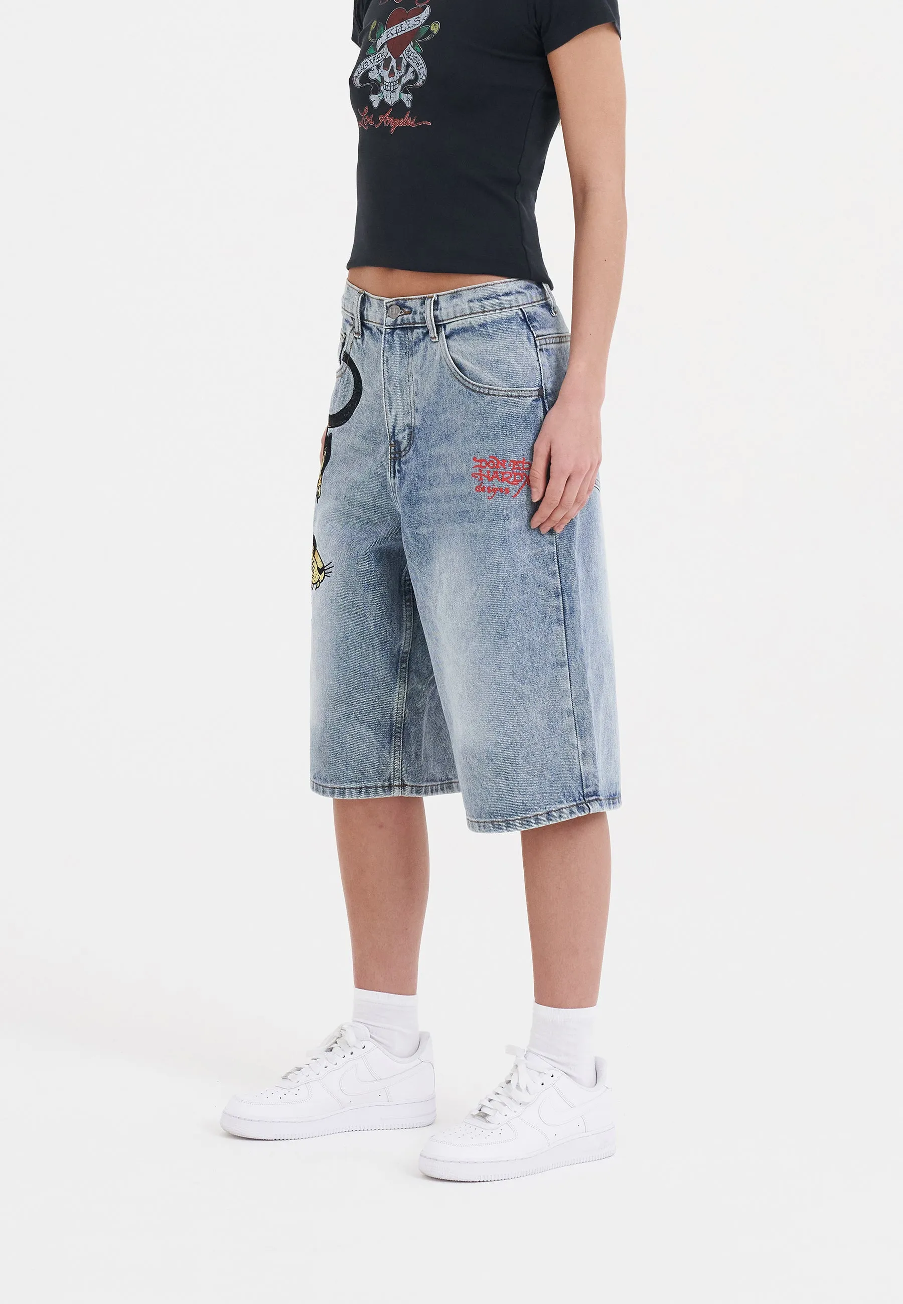 Womens Panther Crawl Relaxed Denim Jorts Shorts - Bleach