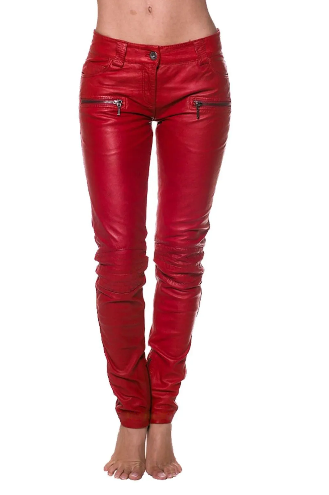 Women's Red Slim Fit Leather Zipper Pants WP11