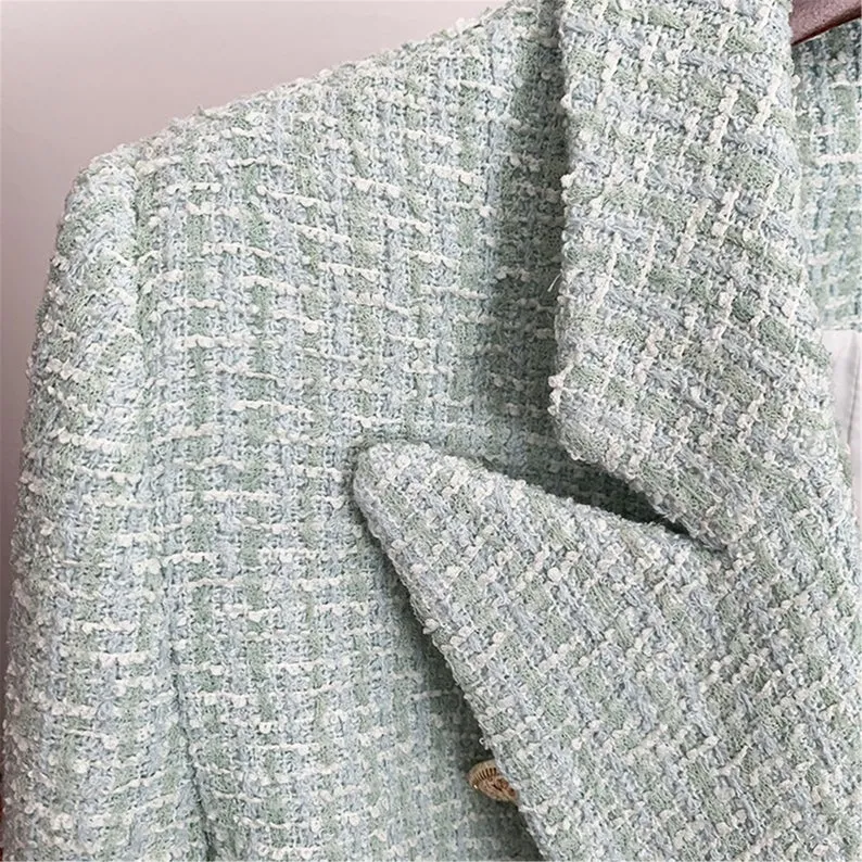 Women's Sequin Designer Inspired Metal Mint Green Tweed Blazer