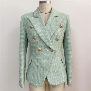 Women's Sequin Designer Inspired Metal Mint Green Tweed Blazer