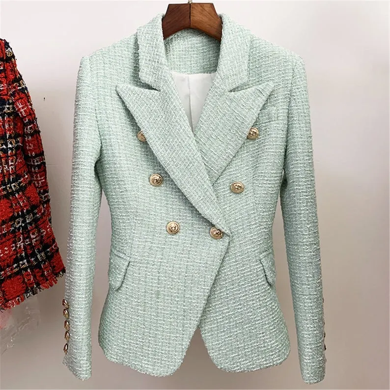 Women's Sequin Designer Inspired Metal Mint Green Tweed Blazer