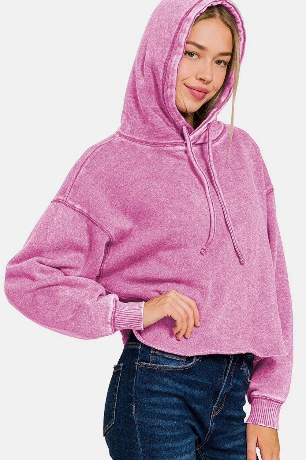 Zenana Mauve Cropped Hoodie Women Hooded Acid Wash Fleece Sweatshirt