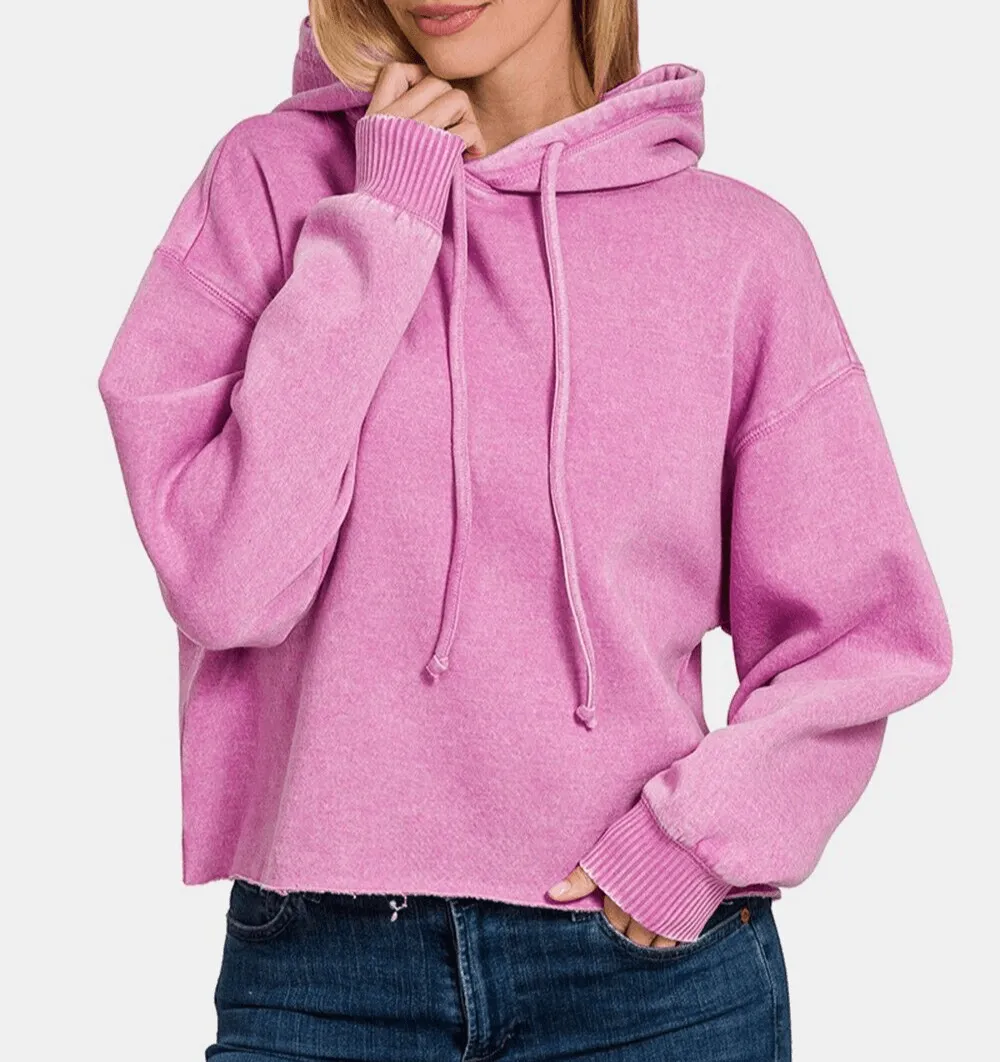 Zenana Mauve Cropped Hoodie Women Hooded Acid Wash Fleece Sweatshirt