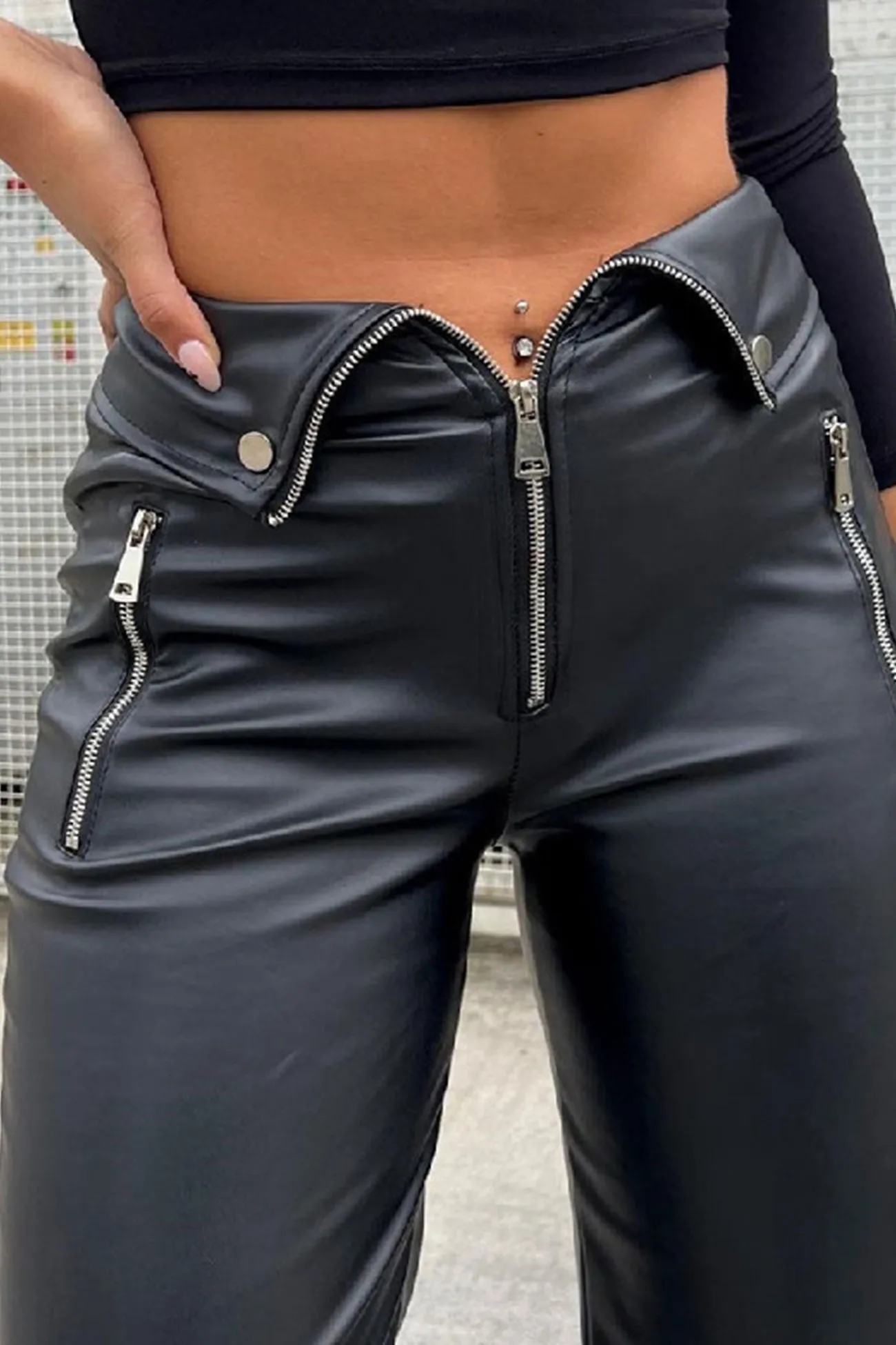 Zipper Front Solid Color Straight Leather Pants