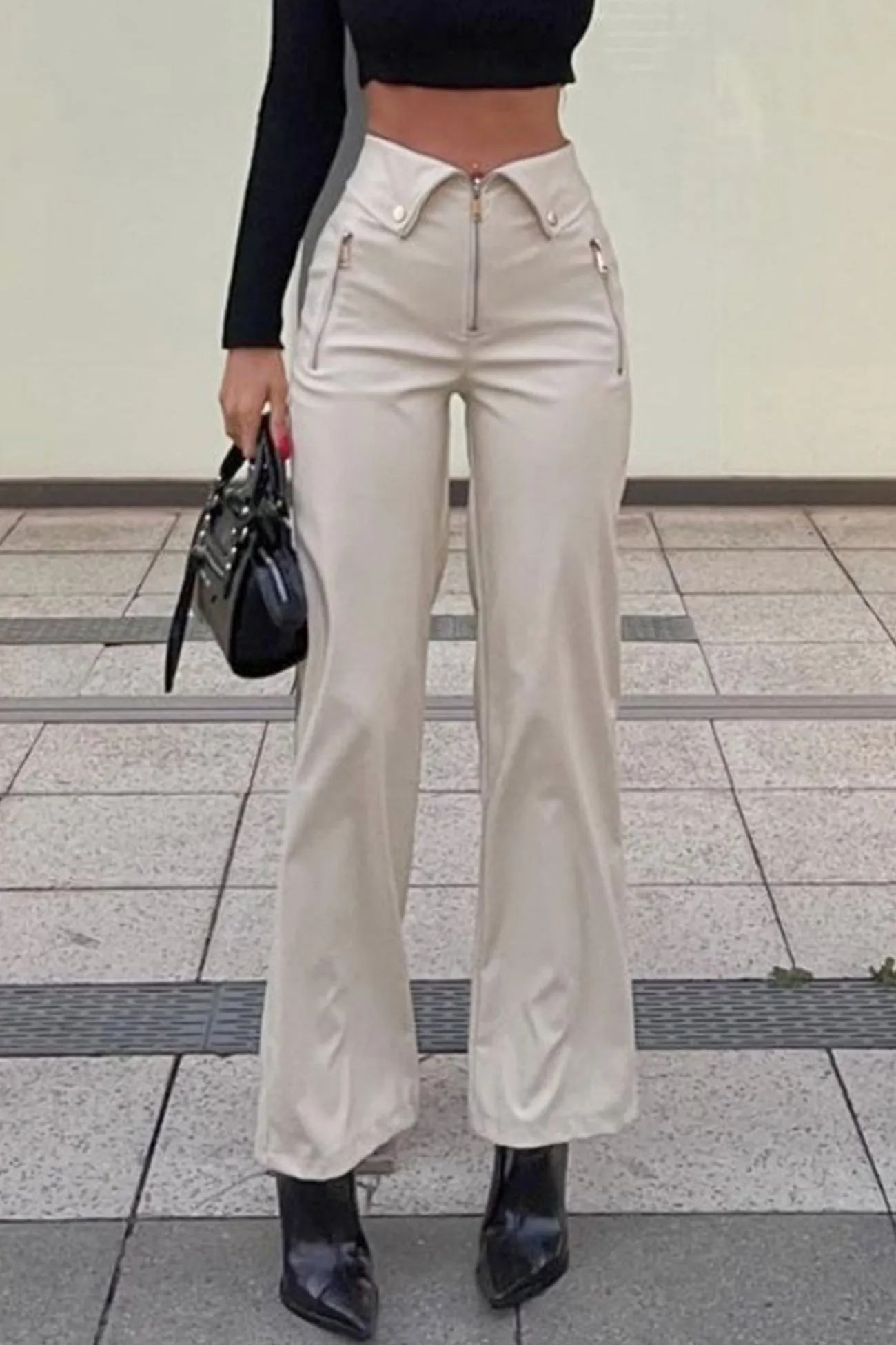 Zipper Front Solid Color Straight Leather Pants